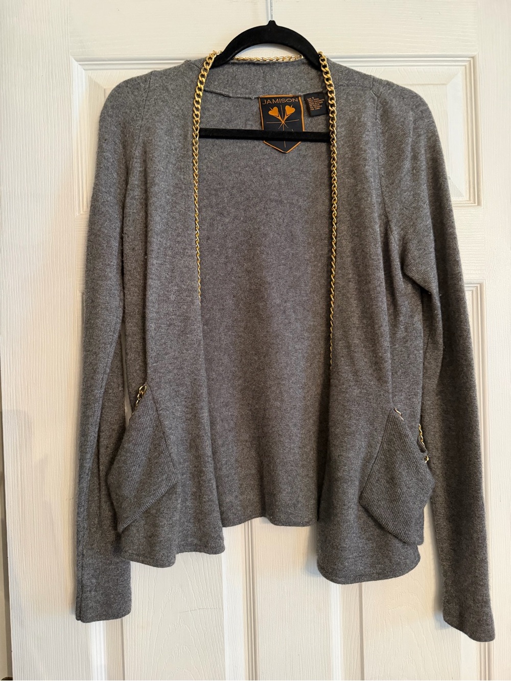 Jamison Gray Open-Front Chain-Trim Gray Cardigan S